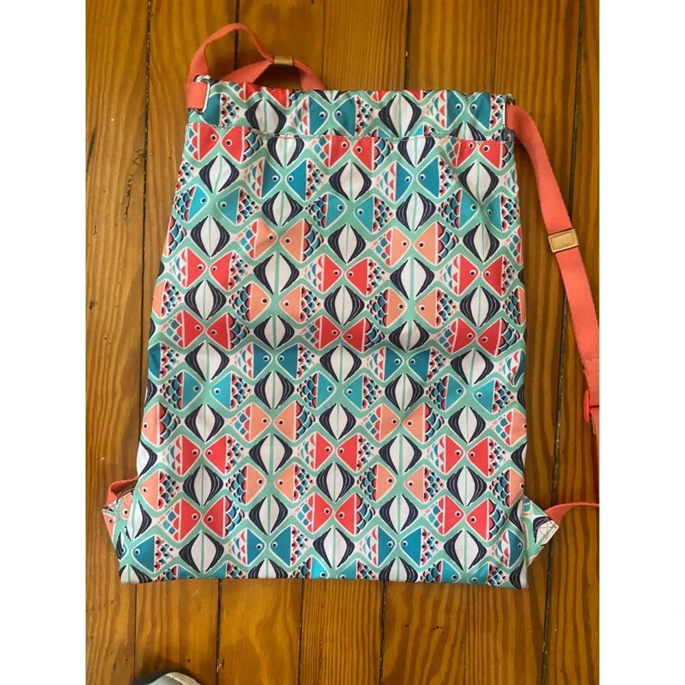 Vera Bradley Fish Print Drawstring Backpack Coral Teal Geometric Beach‎ Gym Bag